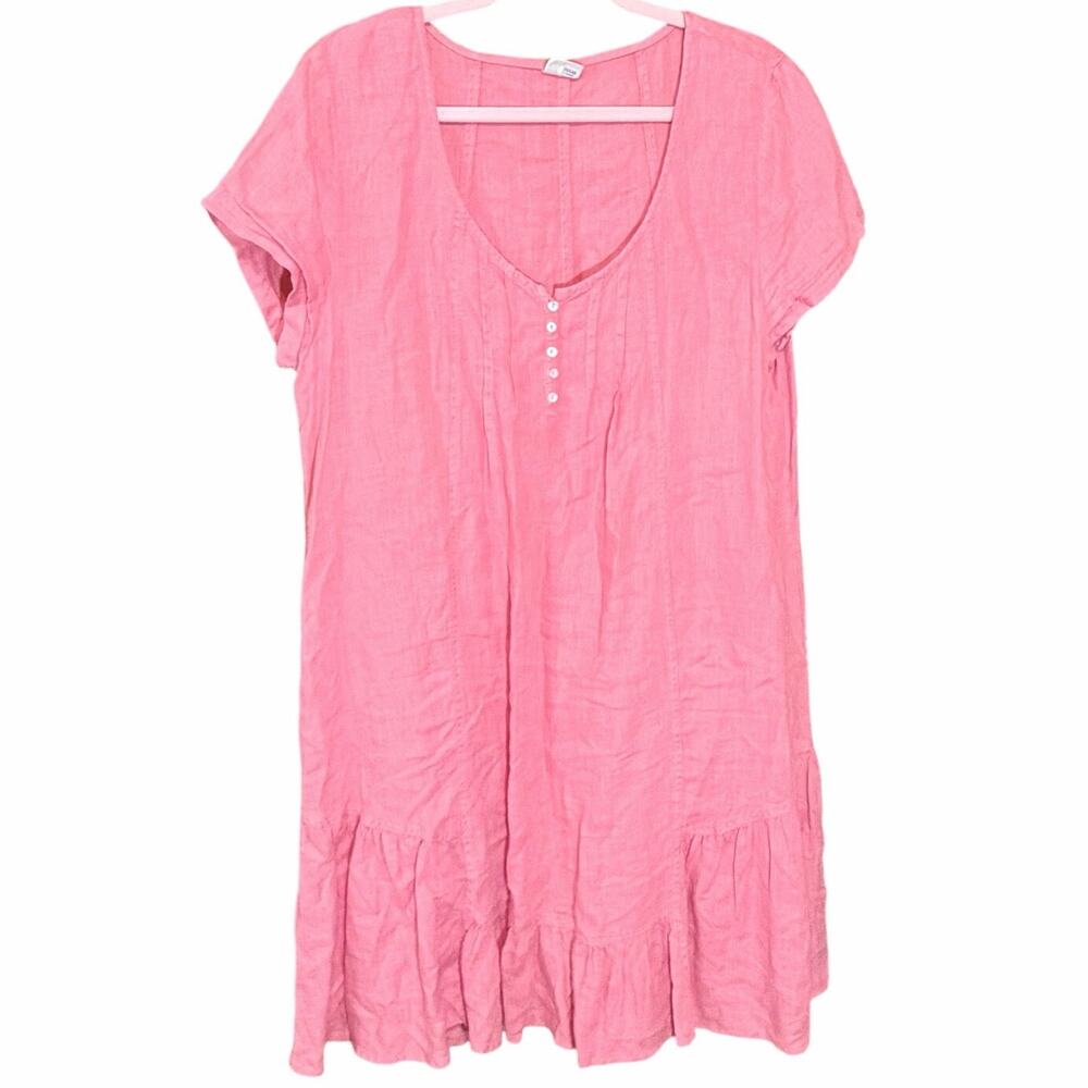 Poetry Pink Linen Short Sleeve Button Front Midi tiered Dress Size 14 pockets